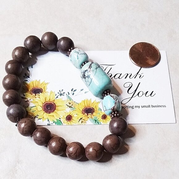 Boho & Southwest Influenced Flair! Earth Colors! Turquoise + Brown Howlite 7" - Picture 1 of 7